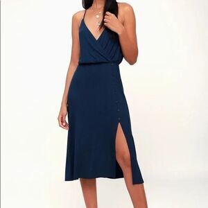 Lulus Spaghetti Straps V-Neck Ribbed Flowy Midi Slit Dress, Medium, Navy Blue